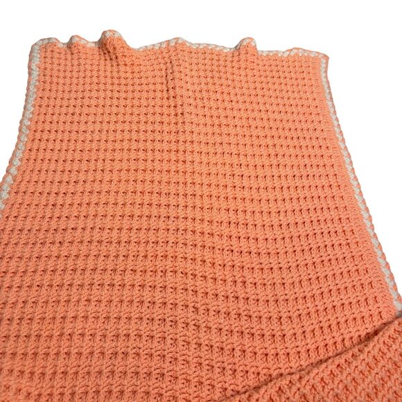 Handmade Peach Crochet Baby Blanket Throw 50 x 34 White Trim - Picture 3 of 4